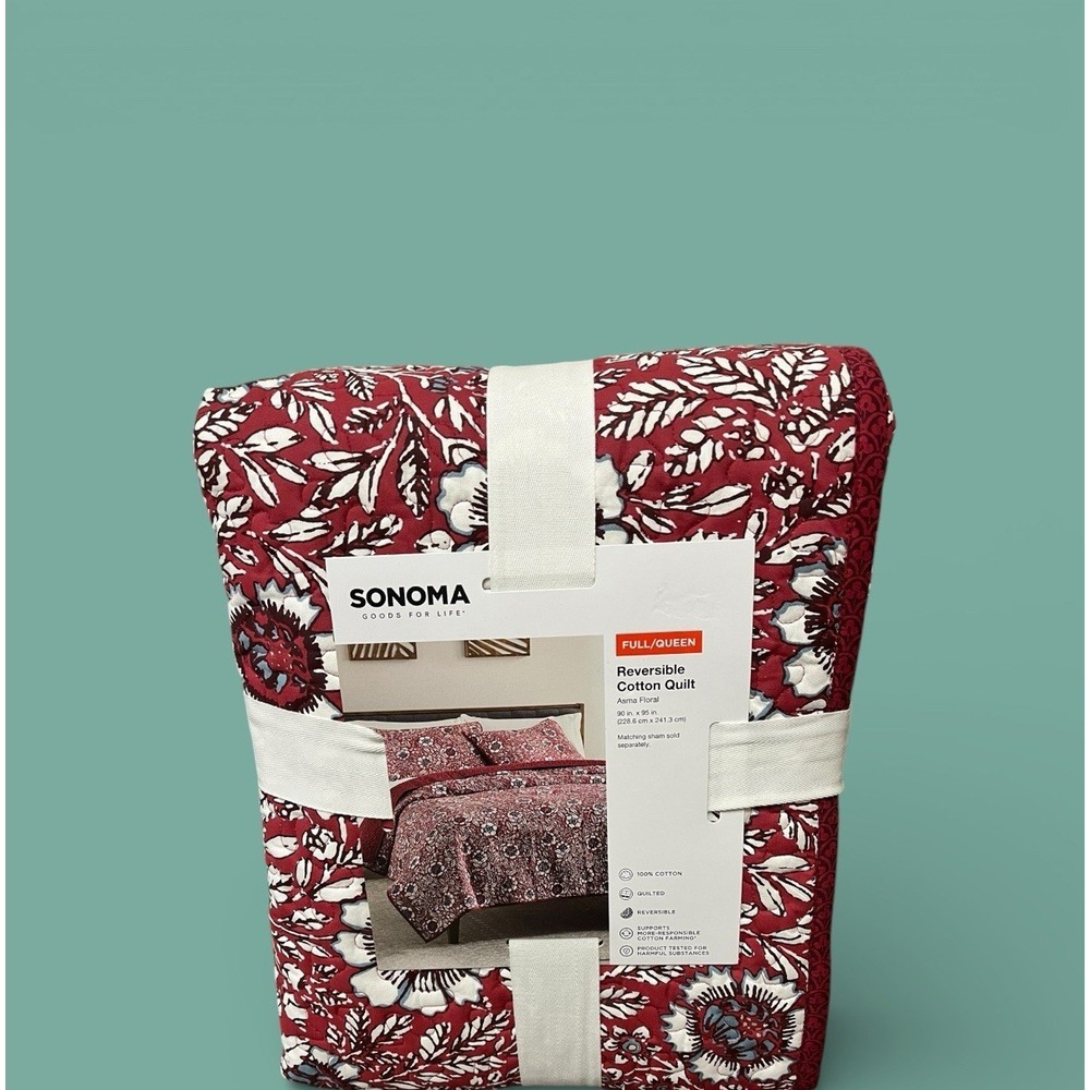 Sonoma Full Queen Reversible Cotton Quilt Asma Floral Quilted‎ 90 x 95 Red Black